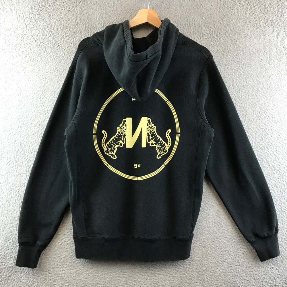 ANTI Korean Pullover Hoodie Mens S Black Graphic Tigers Korean Text Sweatshirt‎